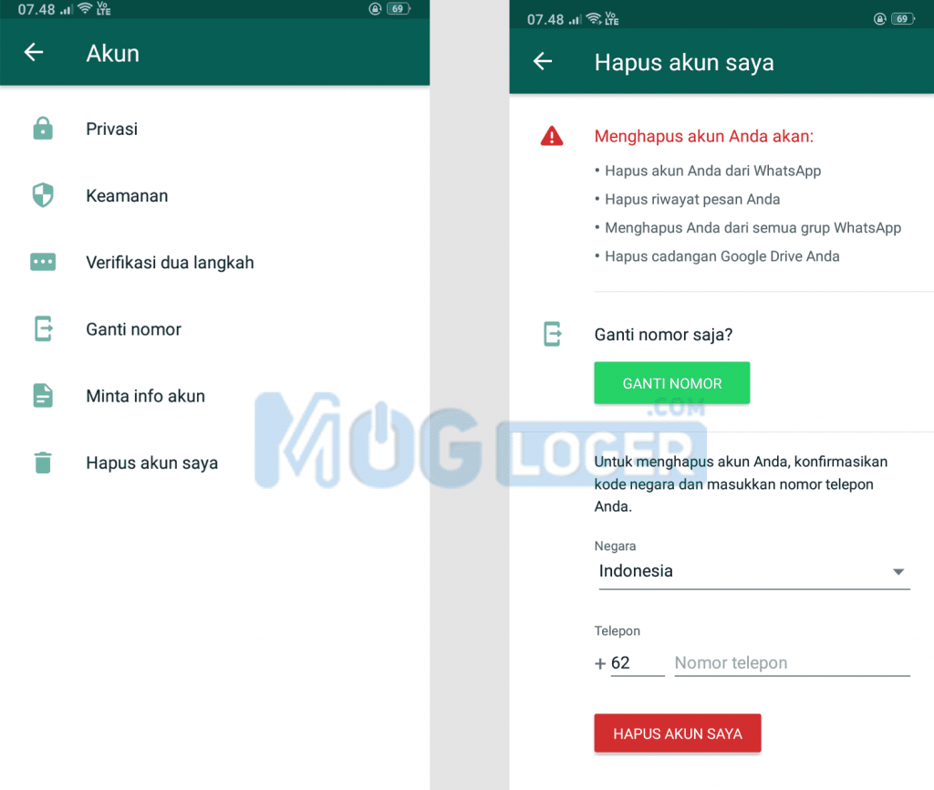 hapus nomor akun whatsapp